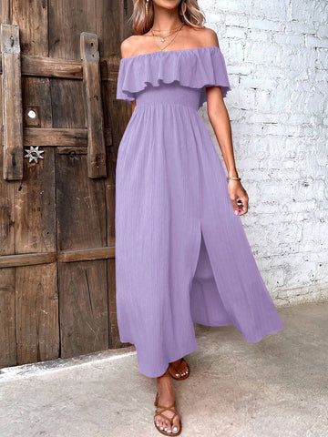Solid Color Off-Shoulder Pleated Ruffle Trim Slit Midi Dress, Summer