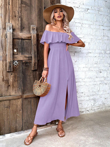 Solid Color Off-Shoulder Pleated Ruffle Trim Slit Midi Dress, Summer