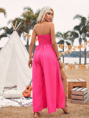 Solid Color Off-Shoulder Wide Leg Jumpsuit With High Thigh Slit