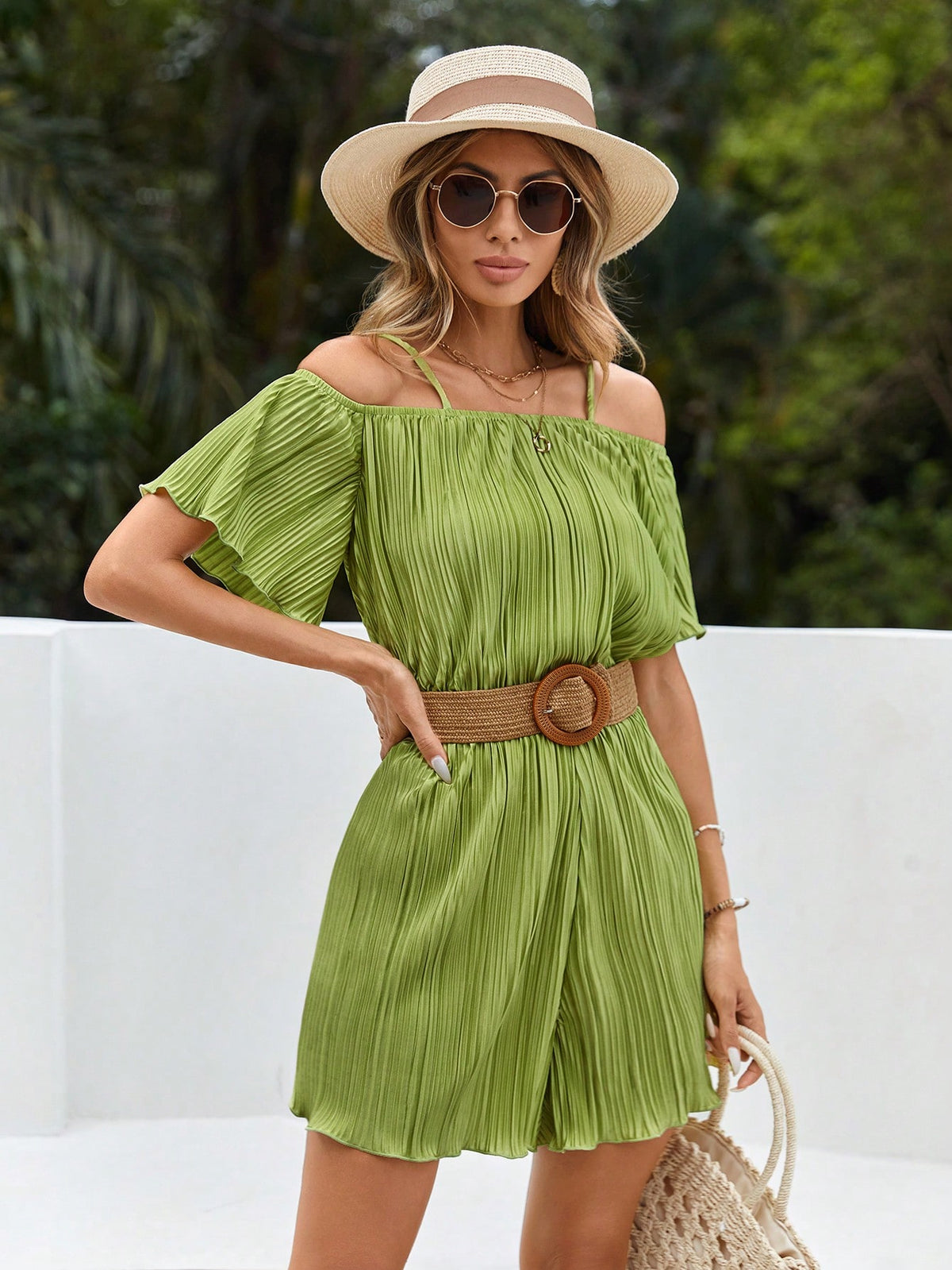 Solid Color Off Shoulder Romper For Vacation