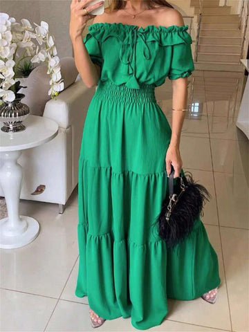 Solid Color One Shoulder Layered Ruffles Maxi Dress With Cinched Waist