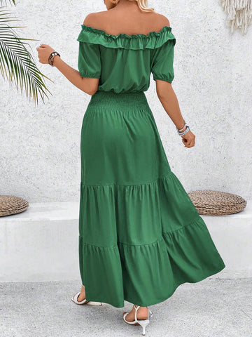 Solid Color One Shoulder Layered Ruffles Maxi Dress With Cinched Waist