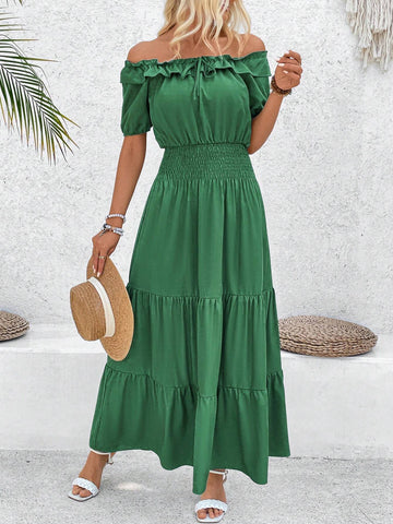 Solid Color One Shoulder Layered Ruffles Maxi Dress With Cinched Waist