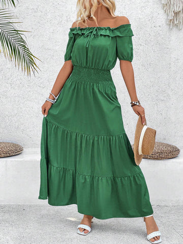 Solid Color One Shoulder Layered Ruffles Maxi Dress With Cinched Waist