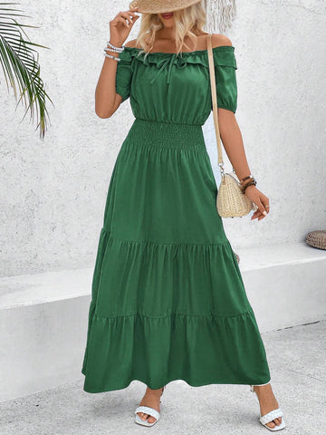 Solid Color One Shoulder Layered Ruffles Maxi Dress With Cinched Waist