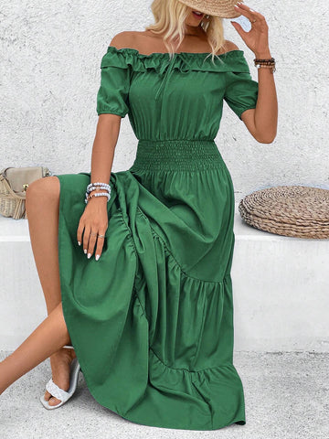 Solid Color One Shoulder Layered Ruffles Maxi Dress With Cinched Waist