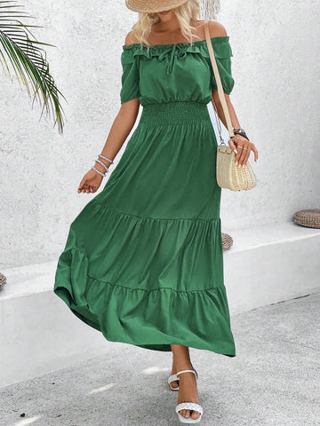 Solid Color One Shoulder Layered Ruffles Maxi Dress With Cinched Waist