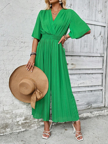 Solid Color Pleated Neck Flare Sleeve Wide Leg Jumpsuit