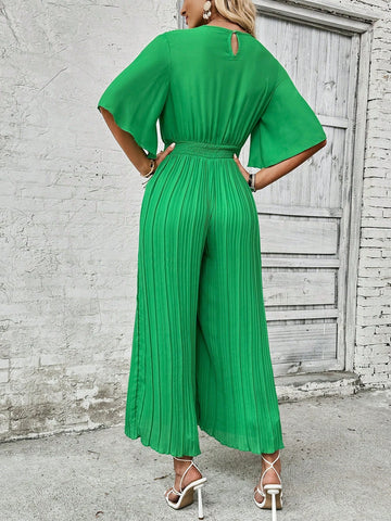 Solid Color Pleated Neck Flare Sleeve Wide Leg Jumpsuit