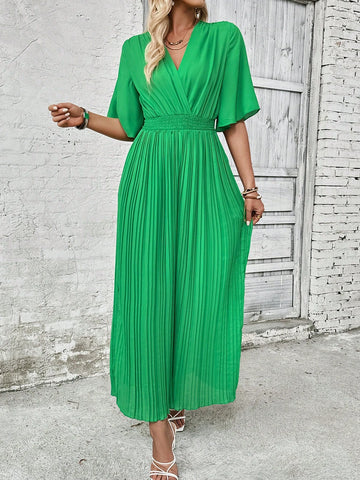 Solid Color Pleated Neck Flare Sleeve Wide Leg Jumpsuit