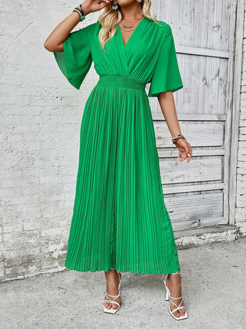 Solid Color Pleated Neck Flare Sleeve Wide Leg Jumpsuit