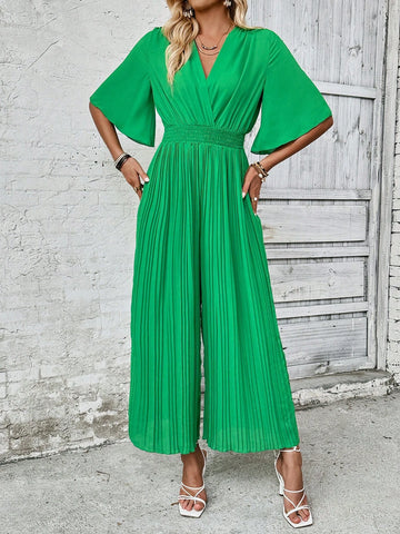 Solid Color Pleated Neck Flare Sleeve Wide Leg Jumpsuit