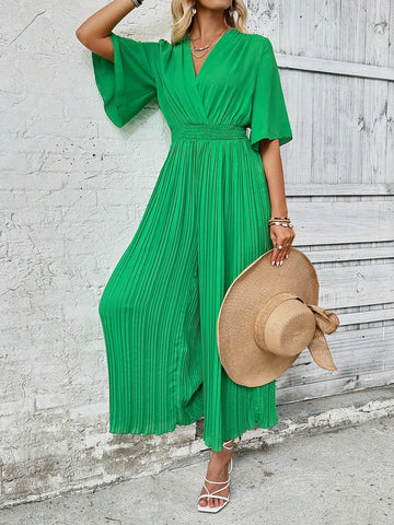 Solid Color Pleated Neck Flare Sleeve Wide Leg Jumpsuit