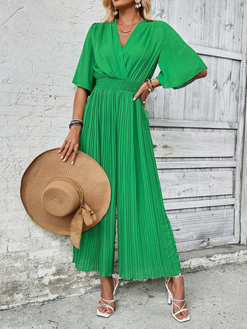Solid Color Pleated Neck Flare Sleeve Wide Leg Jumpsuit