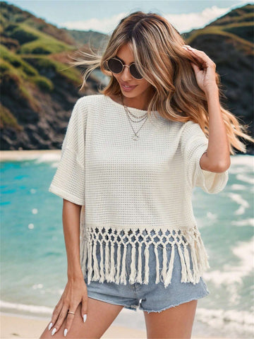 Solid Color Round Neck Knitted Fringe T-Shirt
