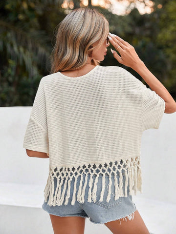 Solid Color Round Neck Knitted Fringe T-Shirt