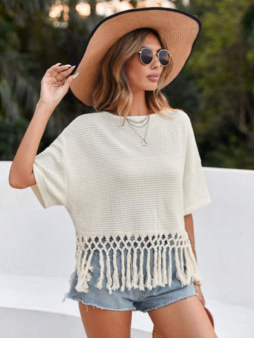 Solid Color Round Neck Knitted Fringe T-Shirt