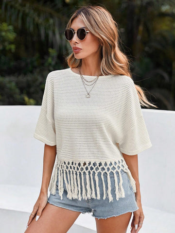Solid Color Round Neck Knitted Fringe T-Shirt
