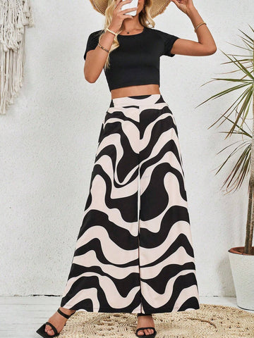 Solid Color Round Neck Short Sleeve Slim Fit Top And Loose Wide Leg Pants