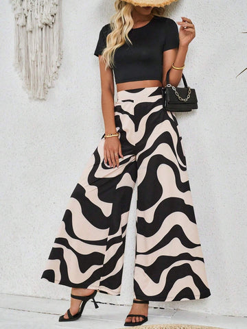 Solid Color Round Neck Short Sleeve Slim Fit Top And Loose Wide Leg Pants