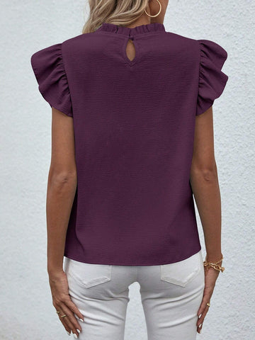 VCAY Solid Color Ruffle Collar Short Sleeve Elegant Blouse