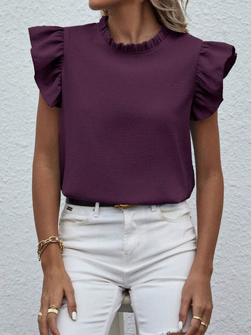 VCAY Solid Color Ruffle Collar Short Sleeve Elegant Blouse