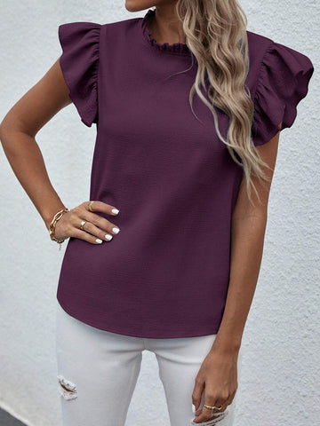 VCAY Solid Color Ruffle Collar Short Sleeve Elegant Blouse