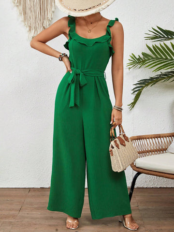 Solid Color Ruffle Hem Cami Strap Wide Leg Jumpsuit