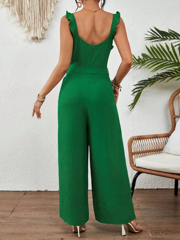 Solid Color Ruffle Hem Cami Strap Wide Leg Jumpsuit