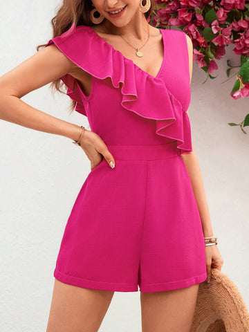 Solid Color Ruffle Trim Romper For Vacation