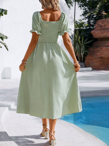 Solid Color Ruffled Puff Sleeve Dress