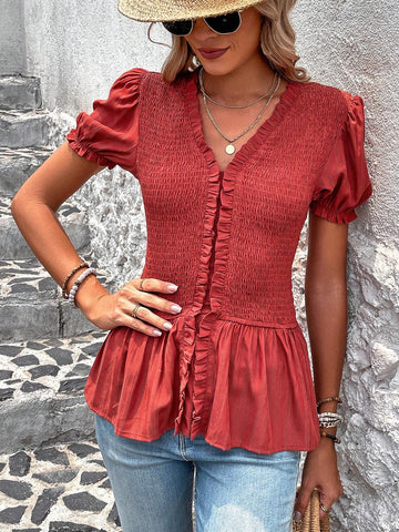 VCAY Solid Color Shirred Ruffle Hem Short Sleeve Slim Fit Women's Shirt