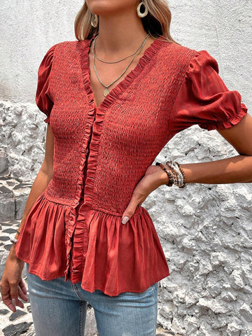 VCAY Solid Color Shirred Ruffle Hem Short Sleeve Slim Fit Women's Shirt