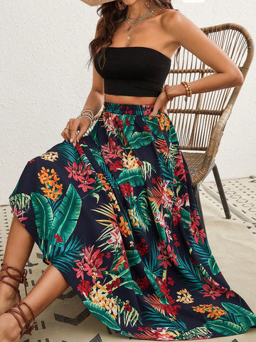Solid Color Short Bandeau Top And Tropical Printed Skirt Vacation 2pcs Sets