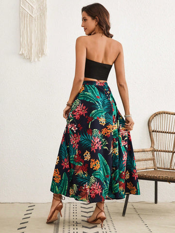 Solid Color Short Bandeau Top And Tropical Printed Skirt Vacation 2pcs Sets