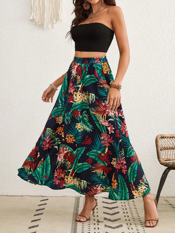 Solid Color Short Bandeau Top And Tropical Printed Skirt Vacation 2pcs Sets