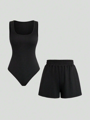 Solid Color Sleeveless Bodysuit With Shorts 2-Piece Set For Summer