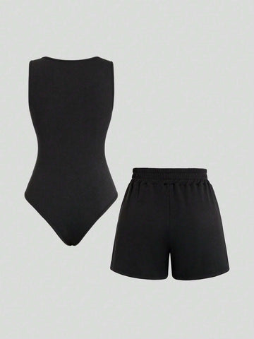 Solid Color Sleeveless Bodysuit With Shorts 2-Piece Set For Summer