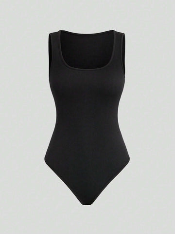 Solid Color Sleeveless Bodysuit With Shorts 2-Piece Set For Summer