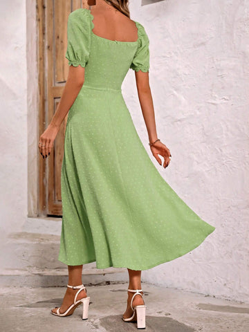 Solid Color Square Neck Short Sleeve Dress With Chest Pleats And Slit To Thigh, Summer