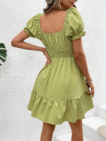 Solid Color Square Neckline Puff Sleeve Flared Waist Dress