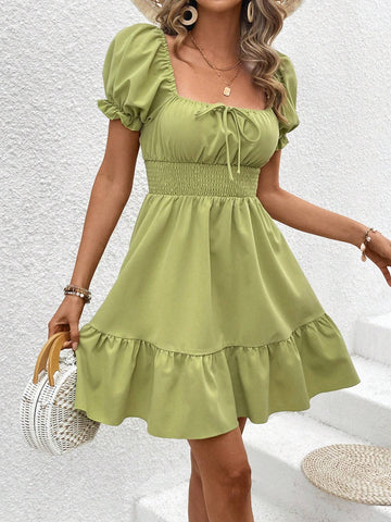 Solid Color Square Neckline Puff Sleeve Flared Waist Dress
