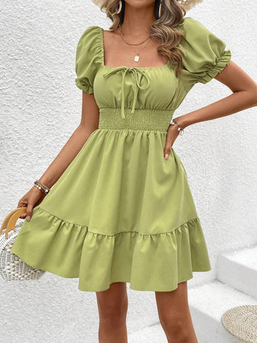 Solid Color Square Neckline Puff Sleeve Flared Waist Dress
