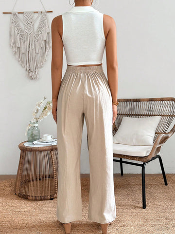 VCAY Solid Color Straight Cut Casual Pants