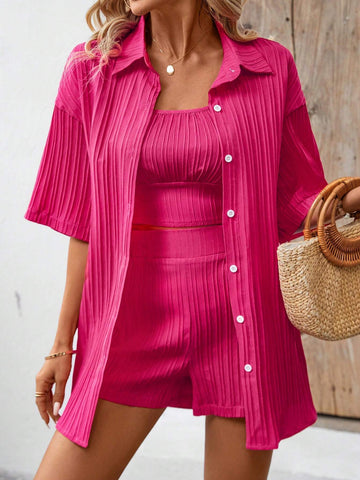 Solid Color Textured Drop Shoulder Blouse & Cami Top With Shorts Set
