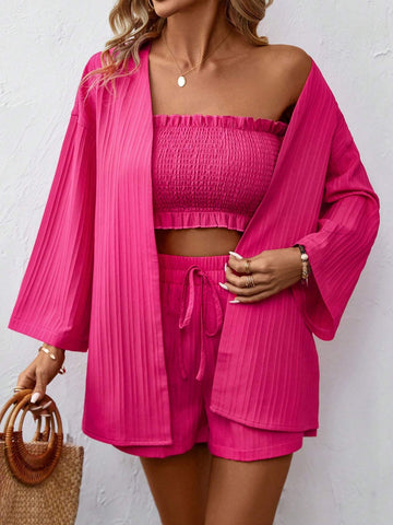Solid Color Textured Drop Shoulder Blouse & Shorts Set