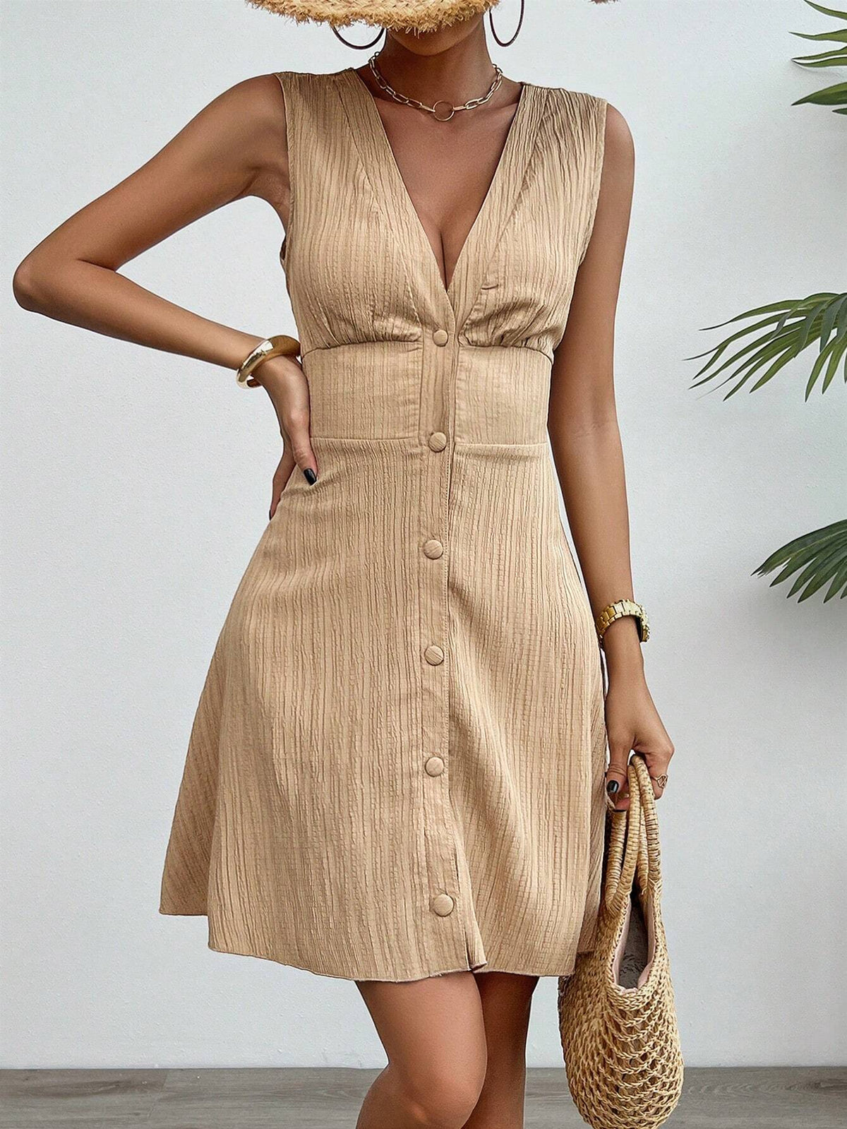 Solid Color Textured V-Neck Sleeveless Dress