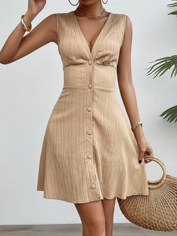 Solid Color Textured V-Neck Sleeveless Dress