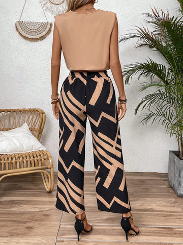 Solid Color V-Neck Blouse And Geometric Printed Straight Pants
