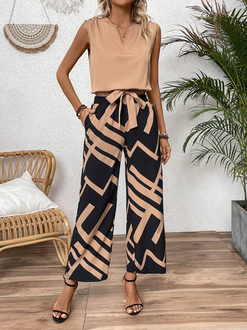 Solid Color V-Neck Blouse And Geometric Printed Straight Pants